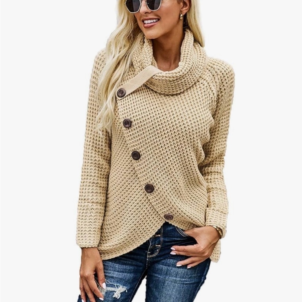 Tan Cowl Asymmetrical Hem Cowl Neck Sweater with Button Detail